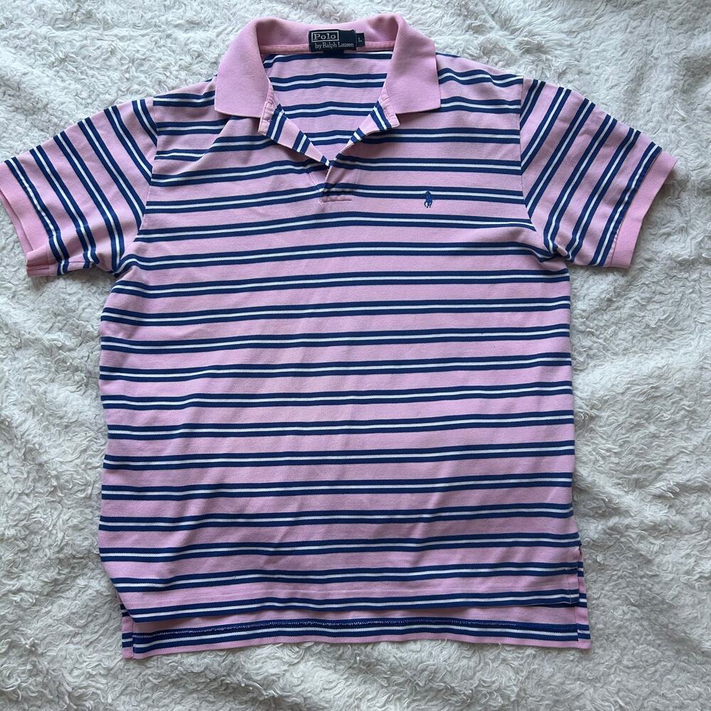 Polo by Ralph Lauren Pink and Navy Striped Collared Short Sleeve Polo Size Large